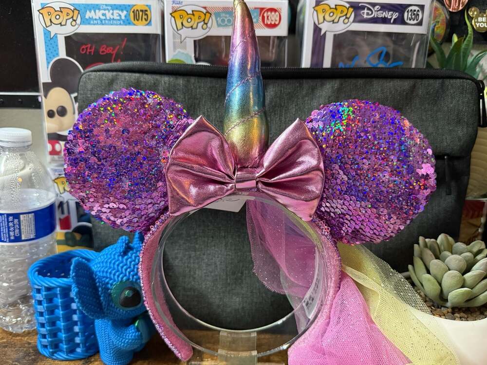 NWT Disney Unicorn Pink Rainbow Reversible Sequin Veil Ear Headband *READ*
